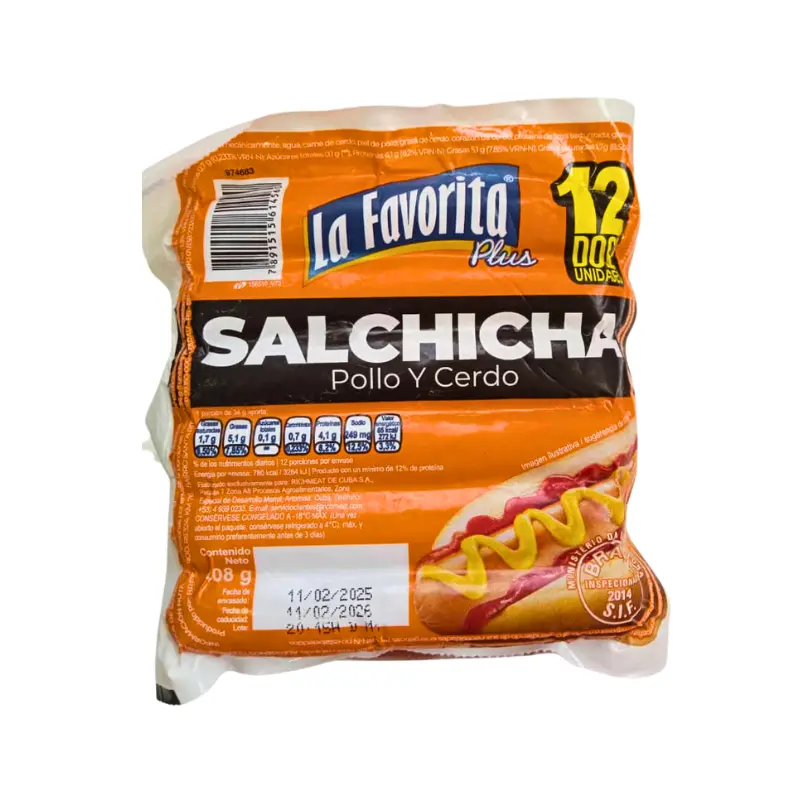 🌭Salchicha de Pollo y Cerdo La Favorita Plus 408g (12 unid.) 